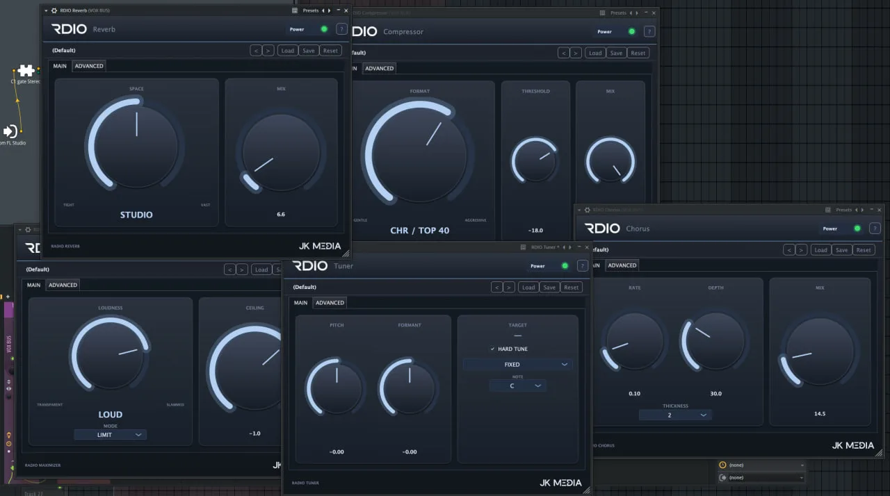The five RDIO VST3 plugins — Compressor, Maximizer, Tuner, Chorus and Reverb — open in a DAW session.